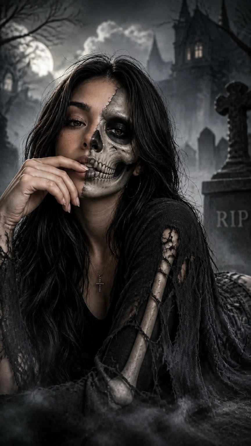 Portrait transformed with realistic Halloween skull face paint and a cool graveyard atmosphere