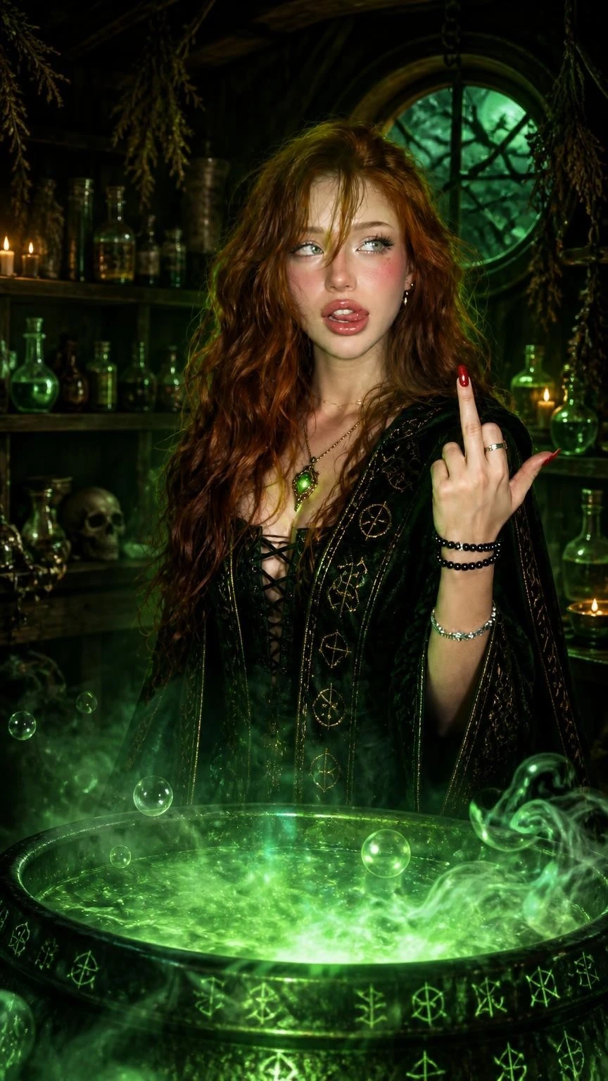 Portrait transformed with green potion light, witch cloak styling, and a Halloween wizard cabin