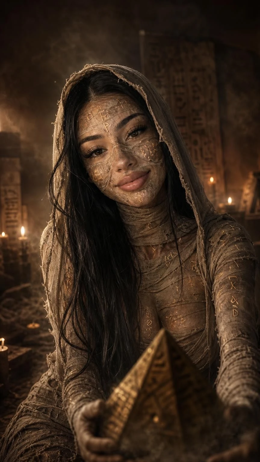 Portrait transformed with mummy bandage texture, golden runes, and Halloween tomb atmosphere