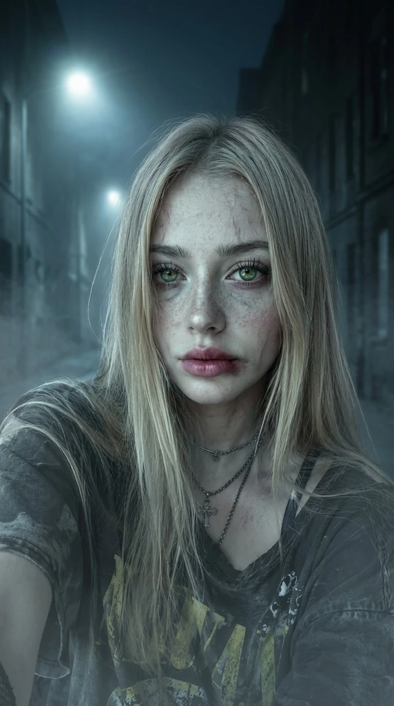 Portrait transformed into a cinematic zombie Halloween filter with foggy movie poster lighting