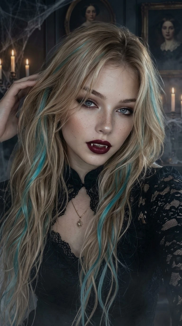 Portrait transformed into an elegant vampire Halloween filter with gothic night lighting