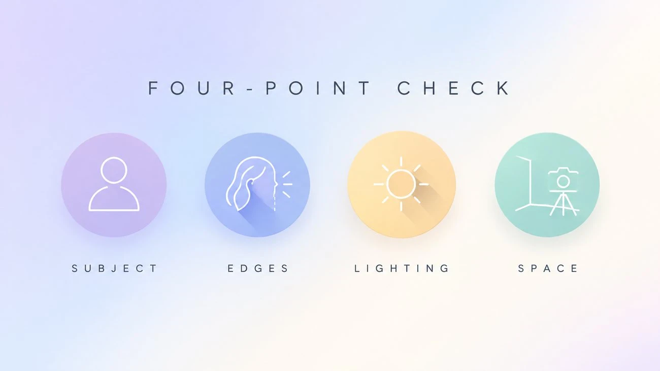 Four-point check diagram listing subject, edges, lighting, and space as the review passes for a background replacement