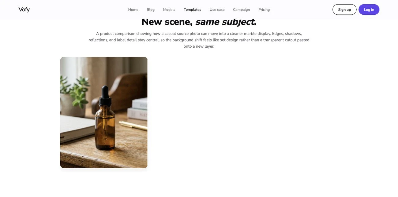Change Photo Background app page on Vofy with before and after background replacement examples