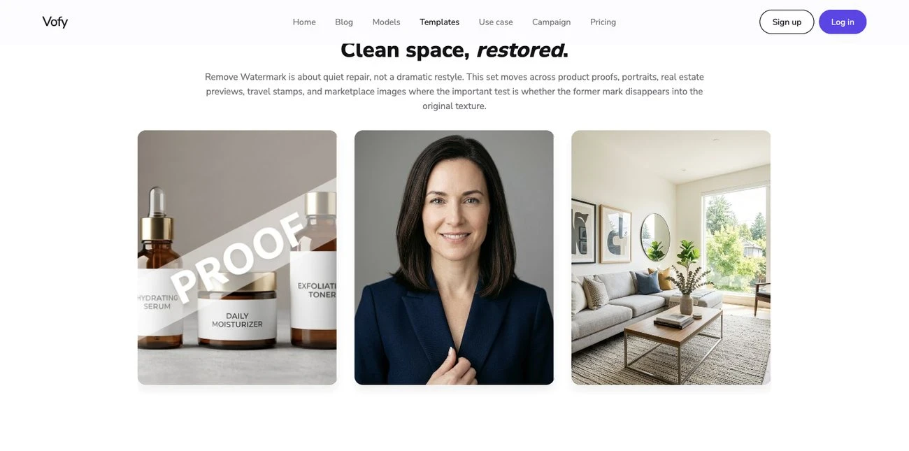 Remove Watermark app page on Vofy with before and after watermark removal examples