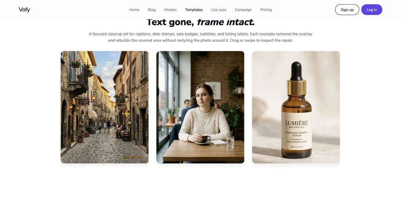 Remove Text from Photo app page on Vofy with before and after text removal results