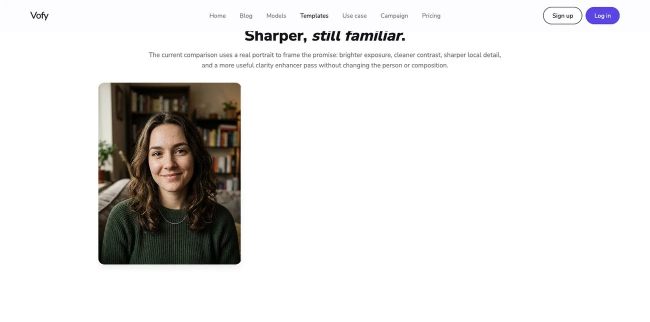 Image Enhancer app page on Vofy with before and after enhancement examples