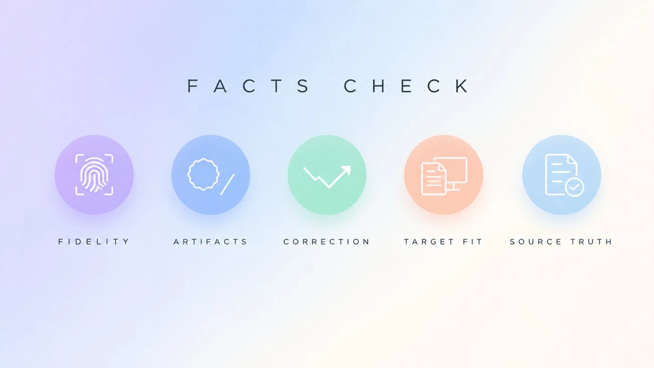 FACTS review diagram listing fidelity, artifacts, correction, target fit, and source truth