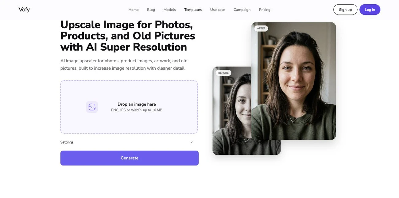 Upscale Image app page on Vofy with image enlargement examples for comparison