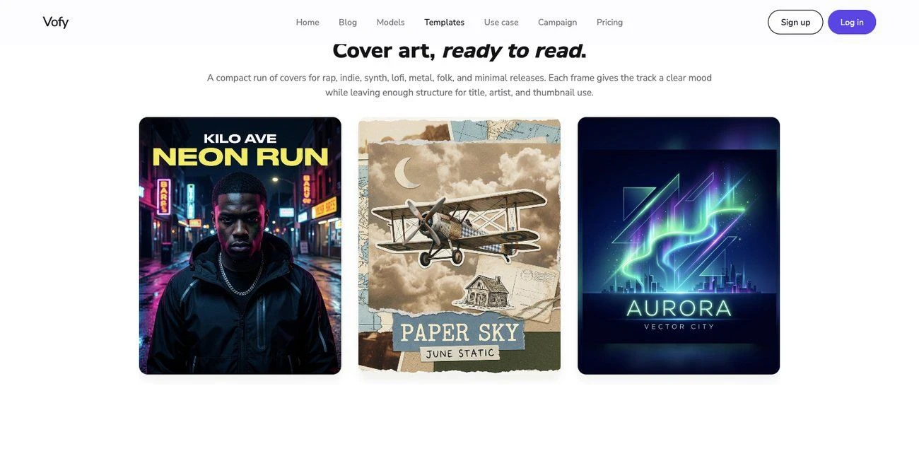 AI Album Cover Maker app page on Vofy with generated cover art examples