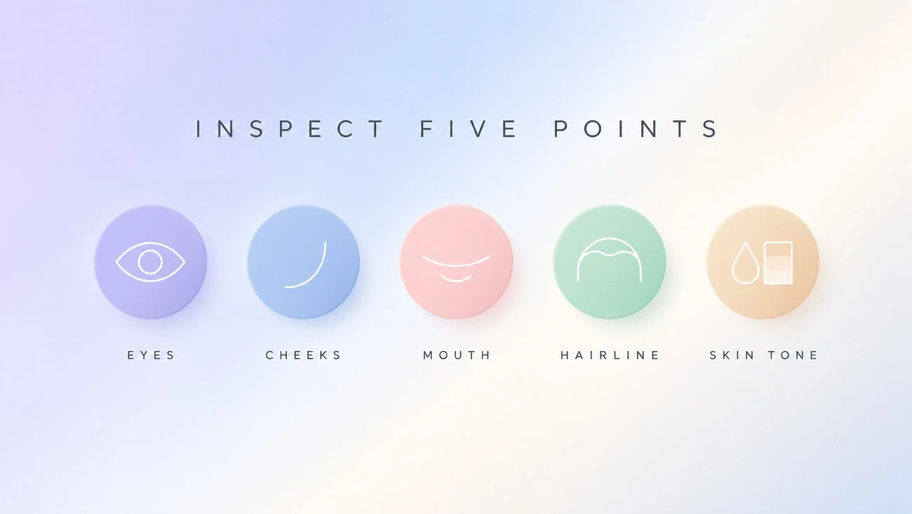 Diagram of the five identity checks for a baby filter edit: eyes, cheeks, mouth, hairline, and skin tone
