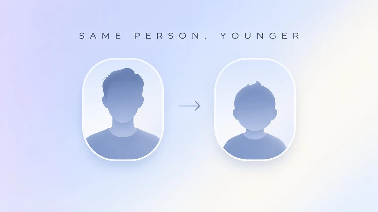 Illustration of an adult portrait beside the same person as a baby version at identical framing