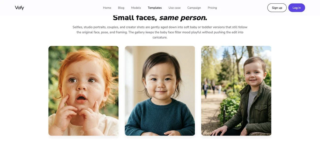 Baby Filter app page on Vofy showing baby face results and the upload panel