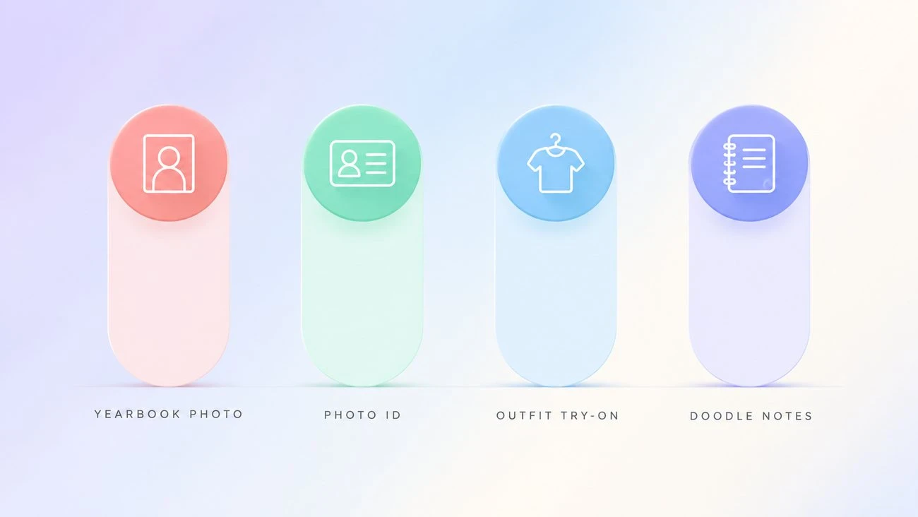 Four back-to-school AI routes compared: a creative yearbook photo, a neutral photo ID draft, outfit try-on, and notebook doodle study visuals