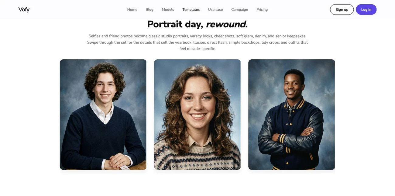 Screenshot of the AI Generated Yearbook showcase on Vofy, showing retro school portrait examples