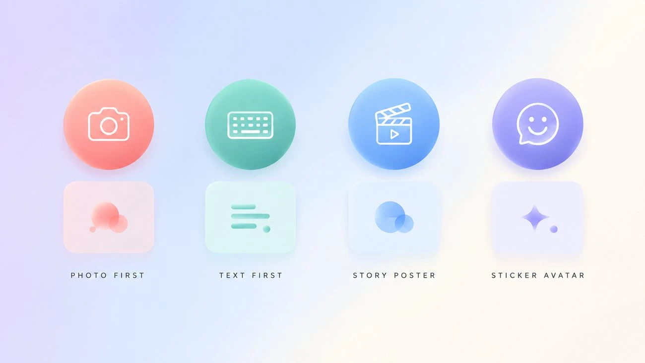 Four AI cartoon style routes from the guide: photo first, text first, story poster, and sticker avatar