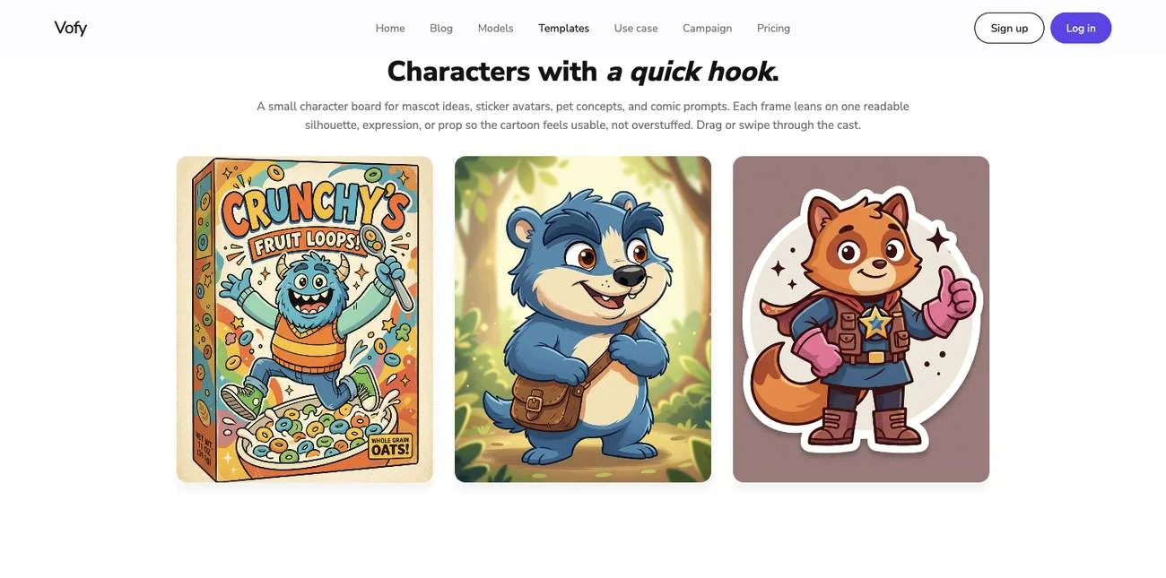 Screenshot of the Random Cartoon Generator showcase on Vofy, showing a character board of original cartoon hooks