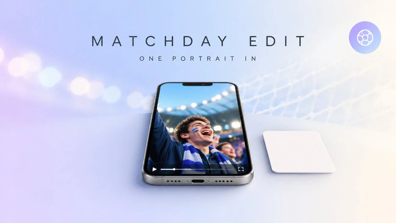 AI football fan video made from one portrait, shown on a phone with stadium light bokeh behind
