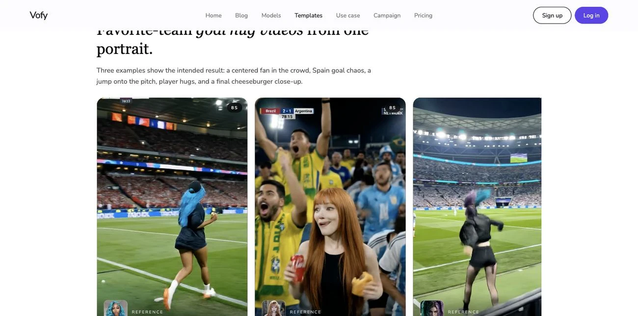 Screenshot of the Favorite Team Goal Hug Video Generator video gallery on Vofy