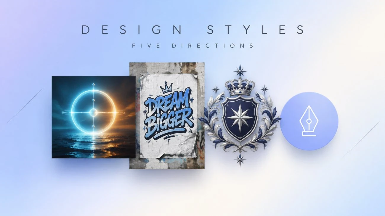 AI graphic design directions built as separate assets: a square album cover, street lettering poster art, and a heraldic emblem