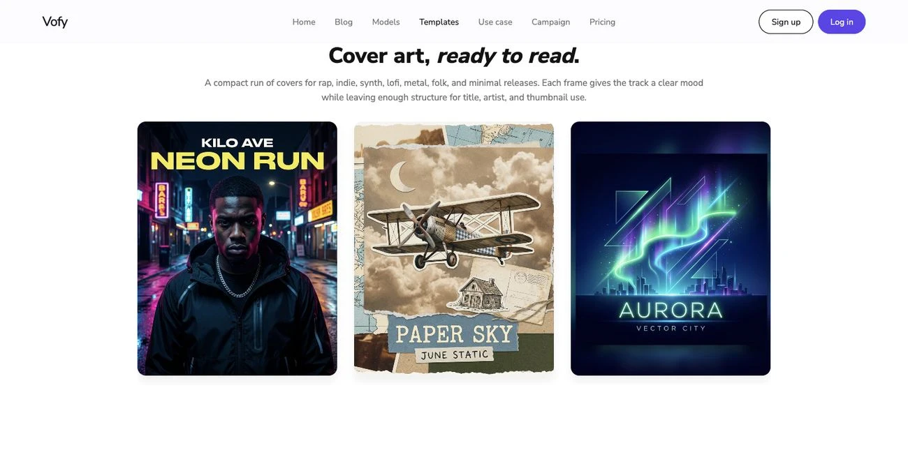 Screenshot of the Album Cover Maker showcase on Vofy, showing a run of square cover art examples