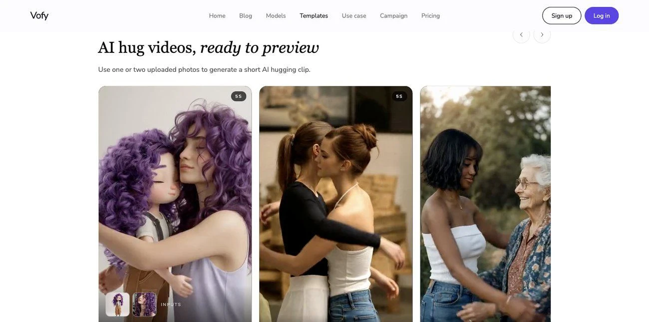 AI Hugging Video Generator app page on Vofy with hug video examples