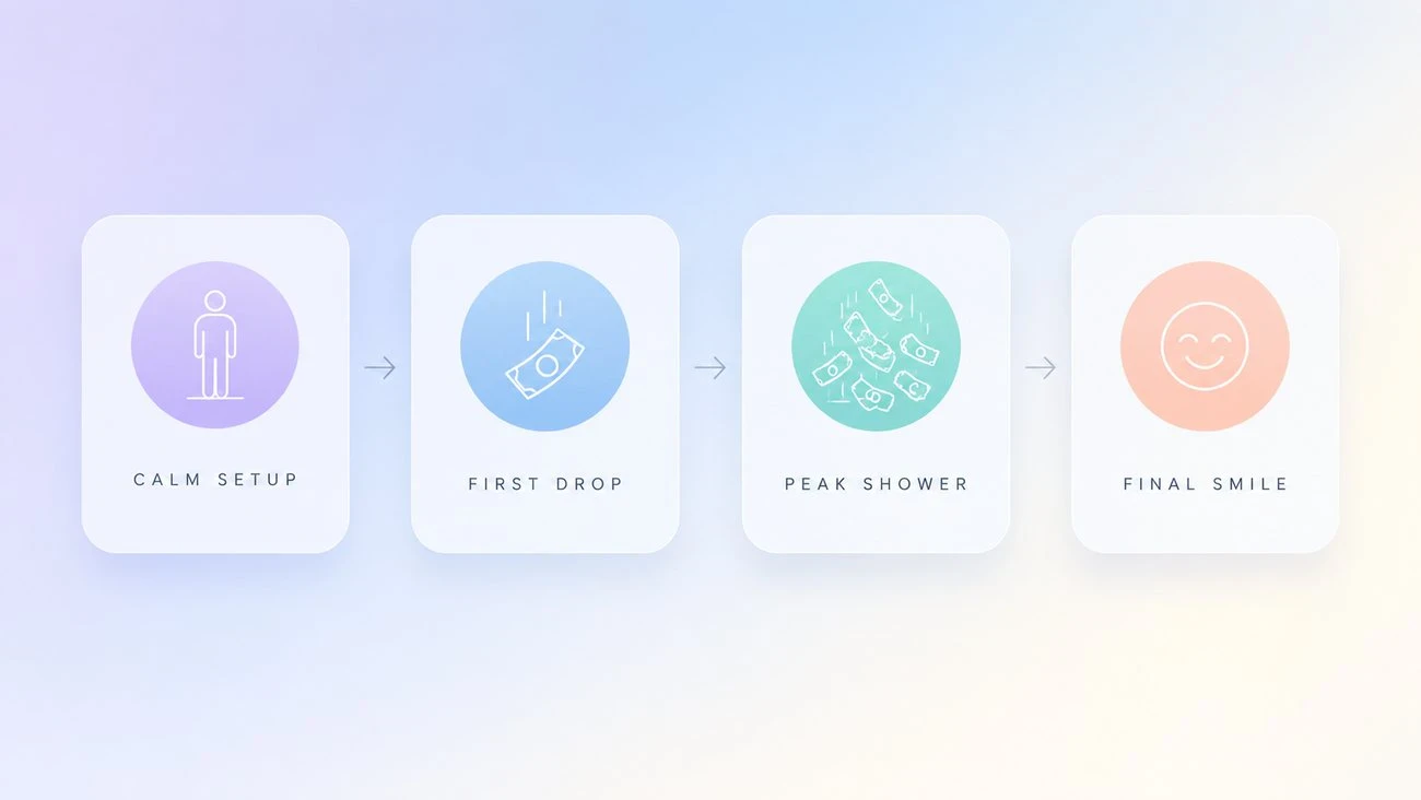 Four money rain storyboard beats labelled calm setup, first drop, peak shower and final smile