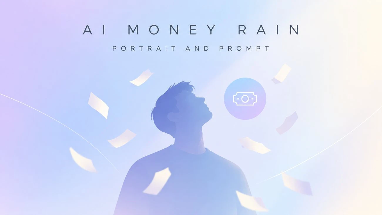 Original editorial illustration for an AI money rain video generator: an abstract figure with paper bills falling around it