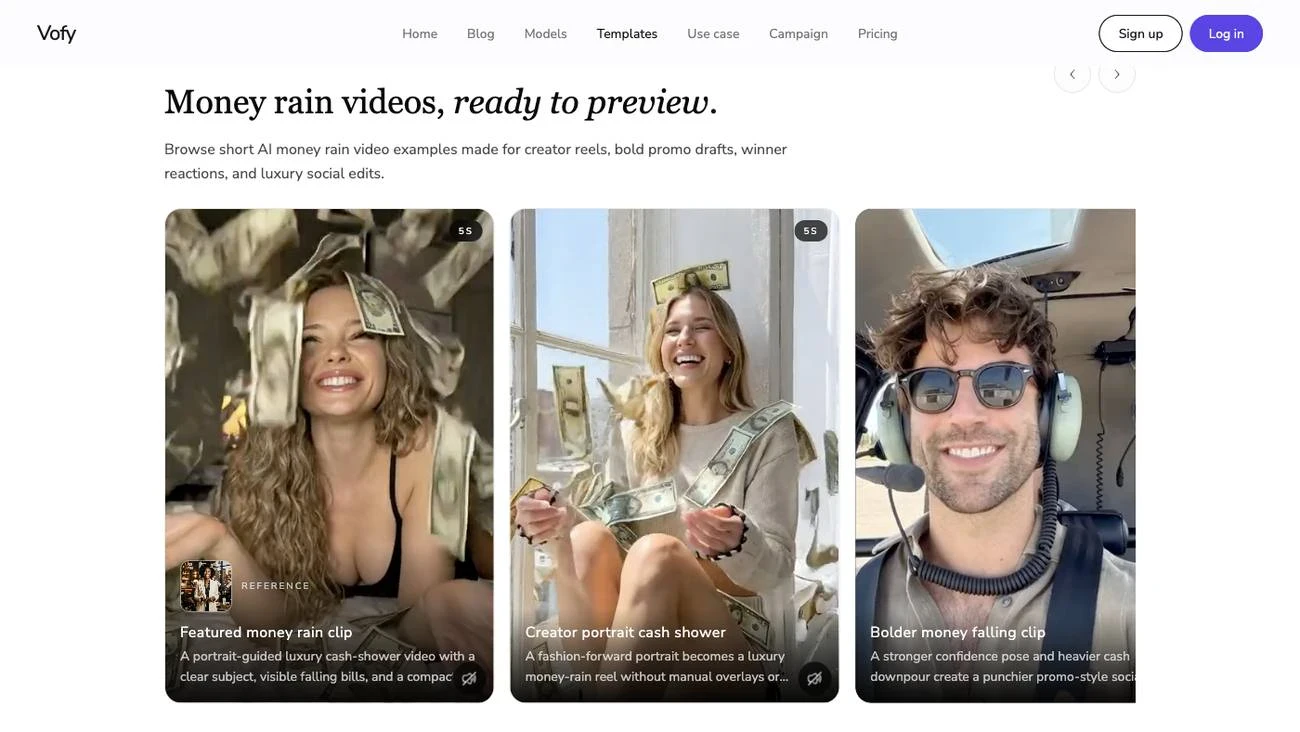 Screenshot of the AI Money Rain Video Generator page on Vofy showing its video gallery