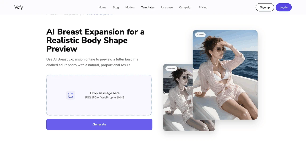 Tangkapan layar antarmuka AI Breast Expansion di vofy.art dengan area unggah foto