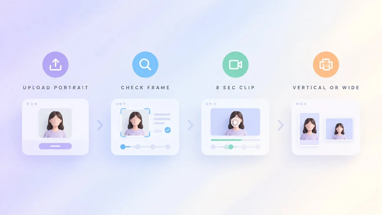 Street interview workflow stages: upload portrait, check frame, 8-second clip, vertical or wide