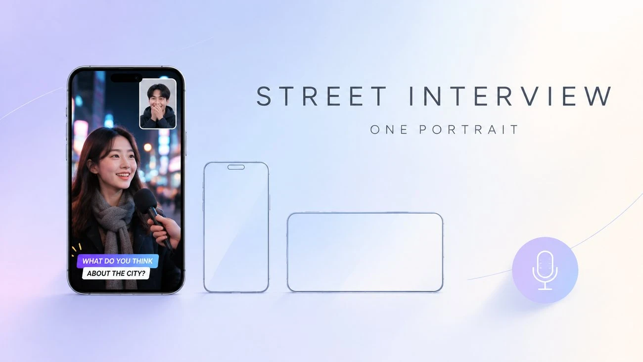 Japanese street interview video generator turning one portrait into a TV-style clip