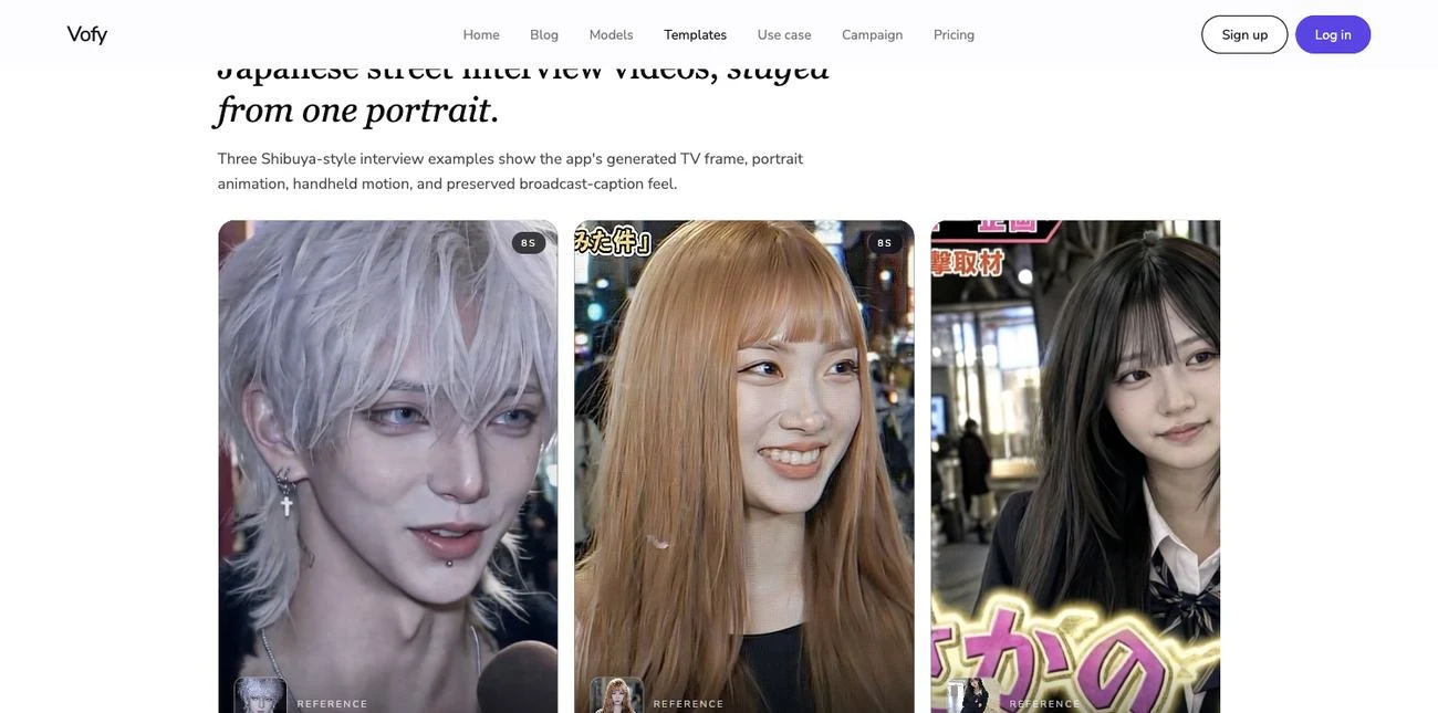 Screenshot of the Japanese Street Interview Video Generator video gallery on Vofy