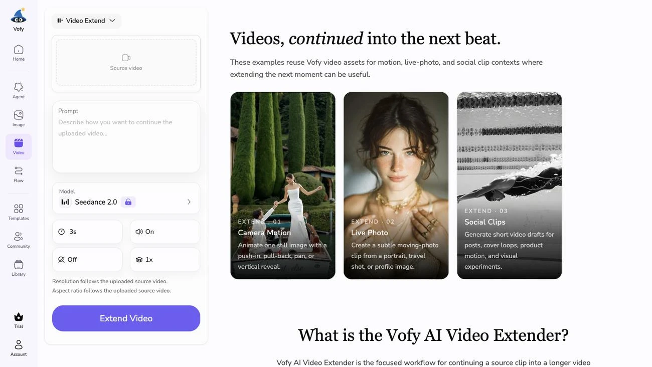 Screenshot of the Vofy AI Video Extender page showing example videos continued into the next beat