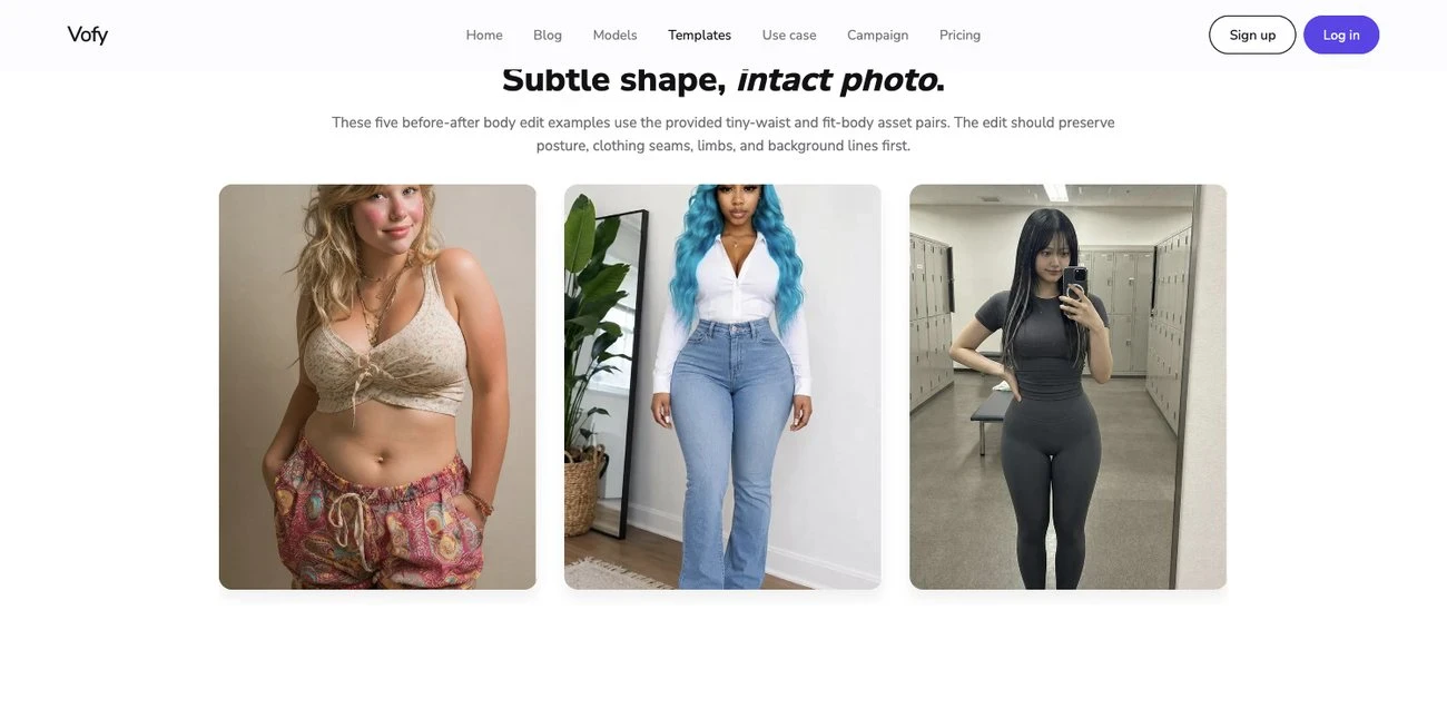 Waist Slimmer app page on Vofy with before and after waist editing examples