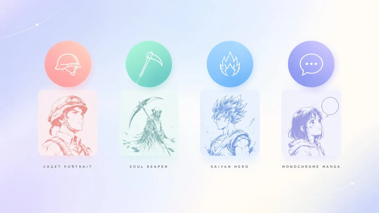 Four anime and manga preset directions compared: Cadet Portrait, Soul Reaper, Saiyan Hero, and Monochrome Manga