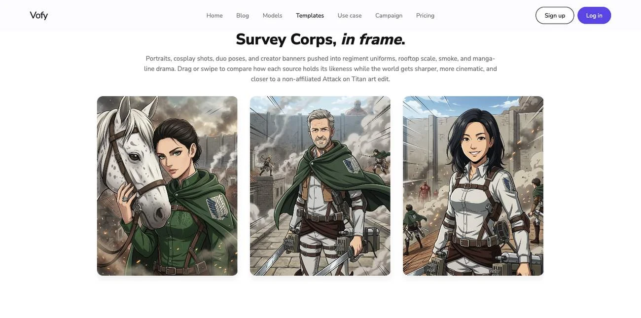 Screenshot of the Attack on Titan Art Generator showcase on Vofy, showing a gallery of portrait and poster results