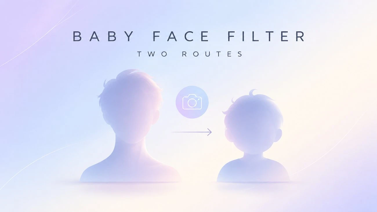 Original editorial illustration comparing a live camera baby face Lens with a saved-photo baby face edit