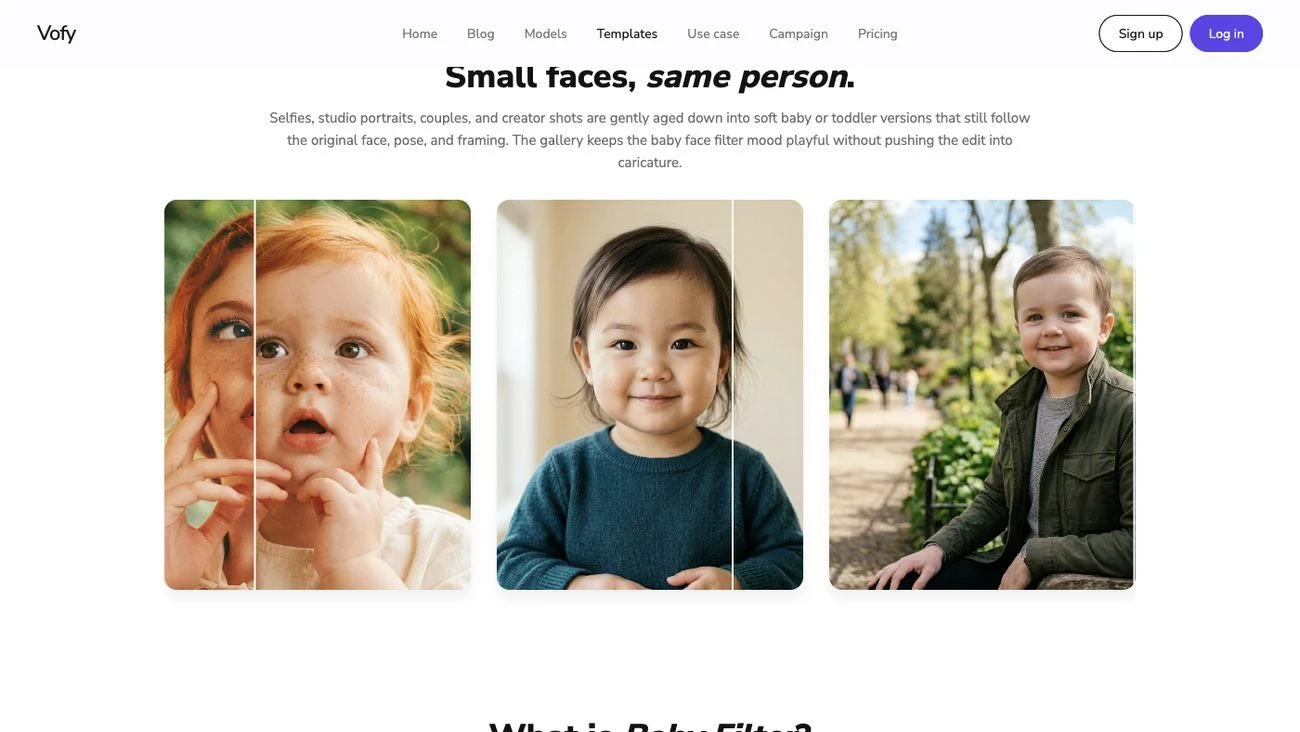 Screenshot of the Vofy Baby Filter page showing example portrait results
