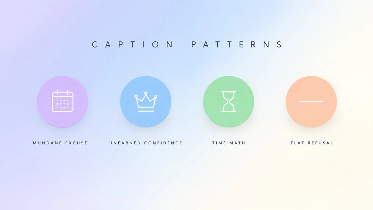 Diagram of four baby filter meme caption patterns: mundane excuse, unearned confidence, time math, and flat refusal