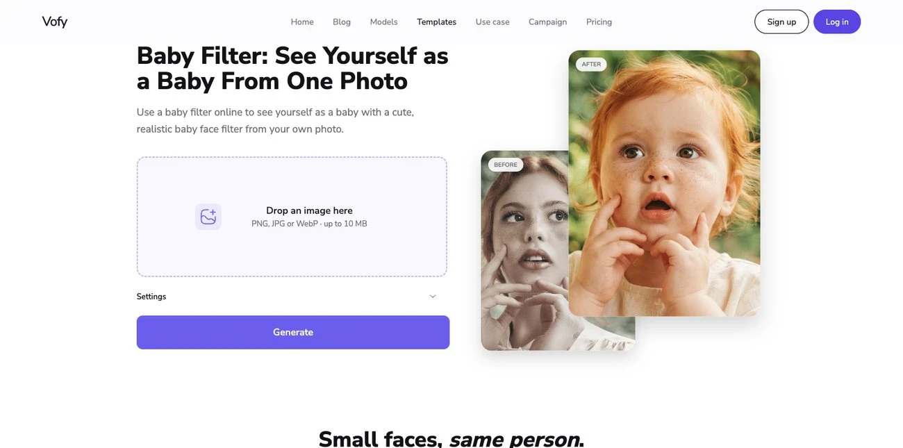 Baby Filter app page on Vofy showing baby face results used for memes