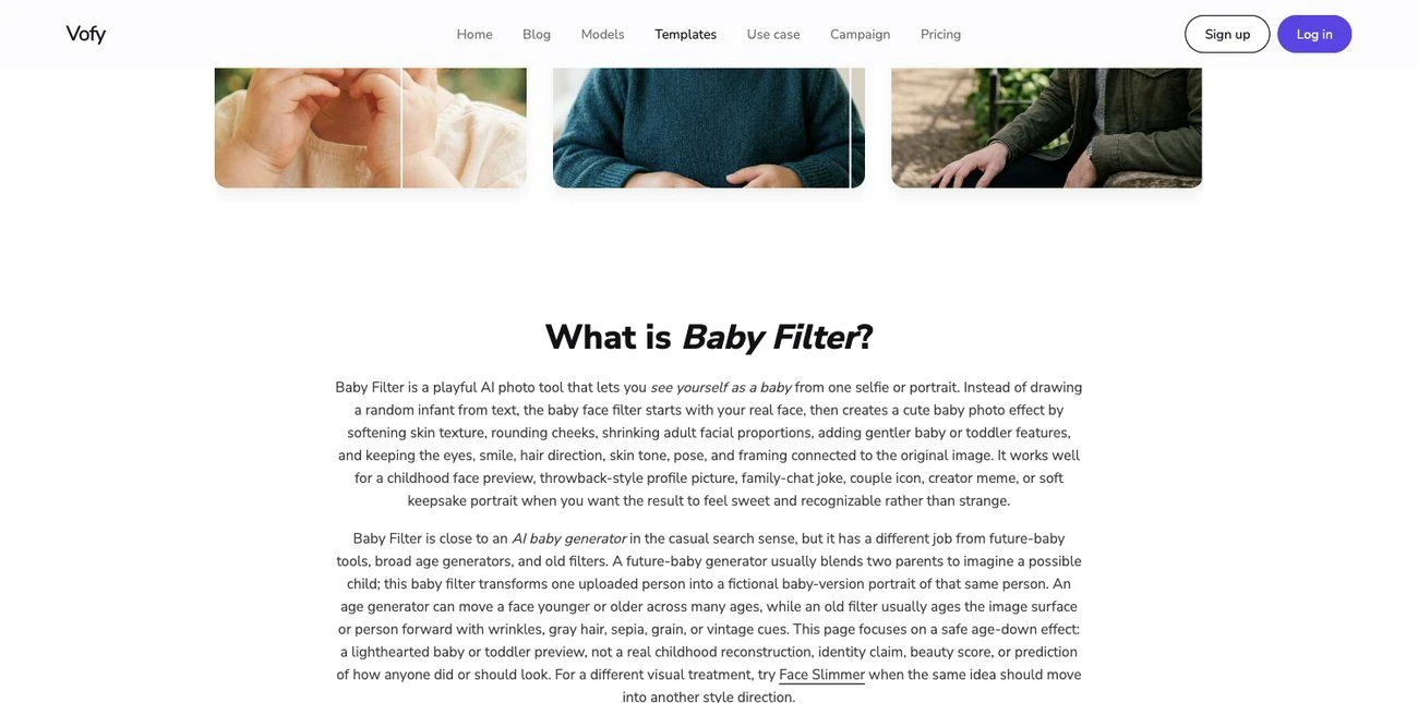 Baby Filter app page on Vofy showing baby face results for a TikTok reveal