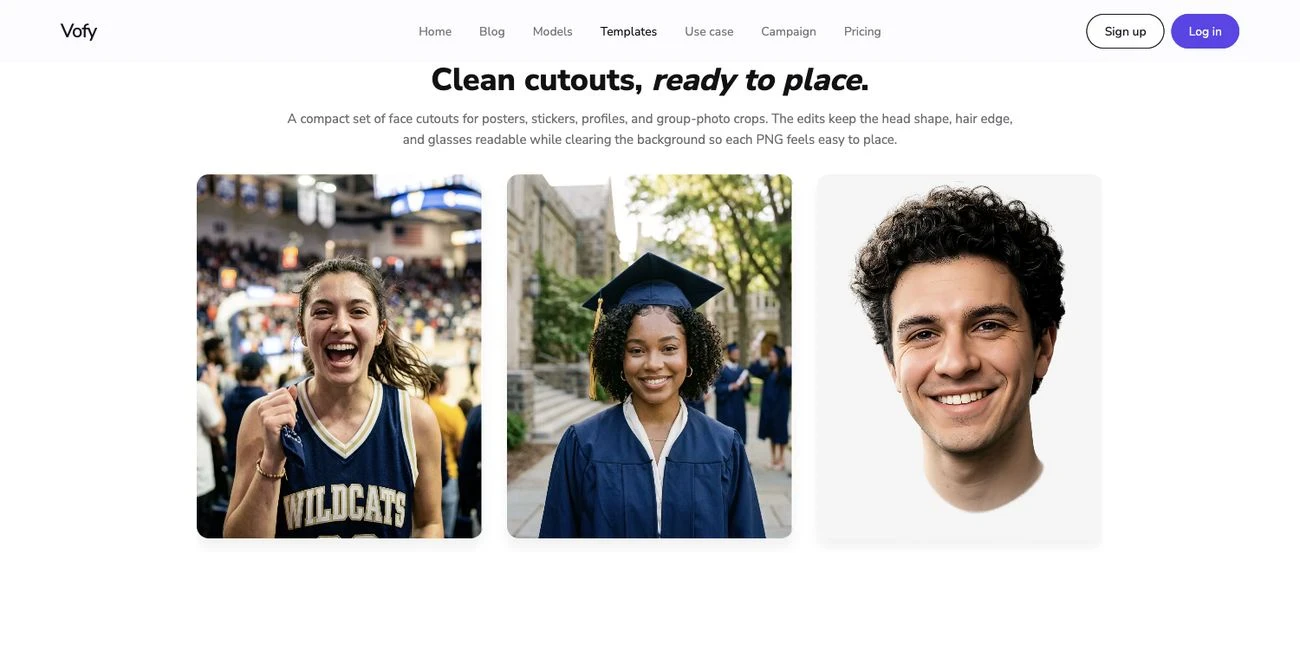 Screenshot of the Vofy Face Cut Out app showing a compact set of clean face cutout examples.