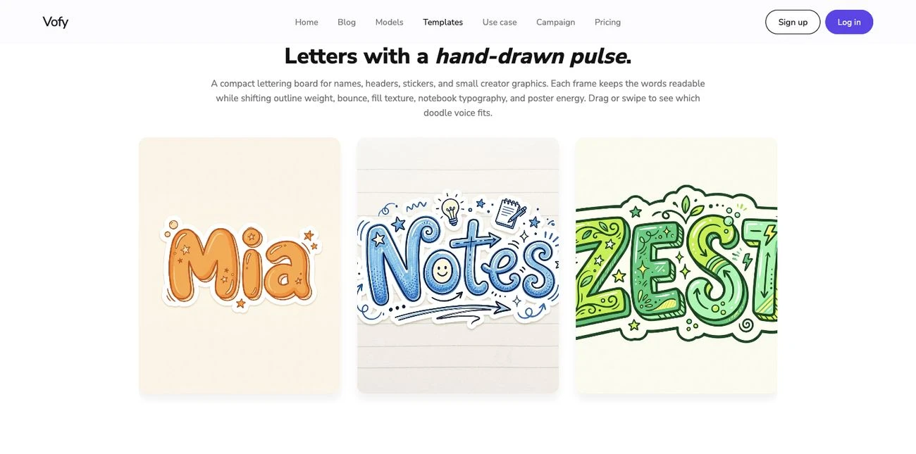 Screenshot of the Doodle Font Generator showcase on Vofy, showing a board of hand-drawn lettering examples