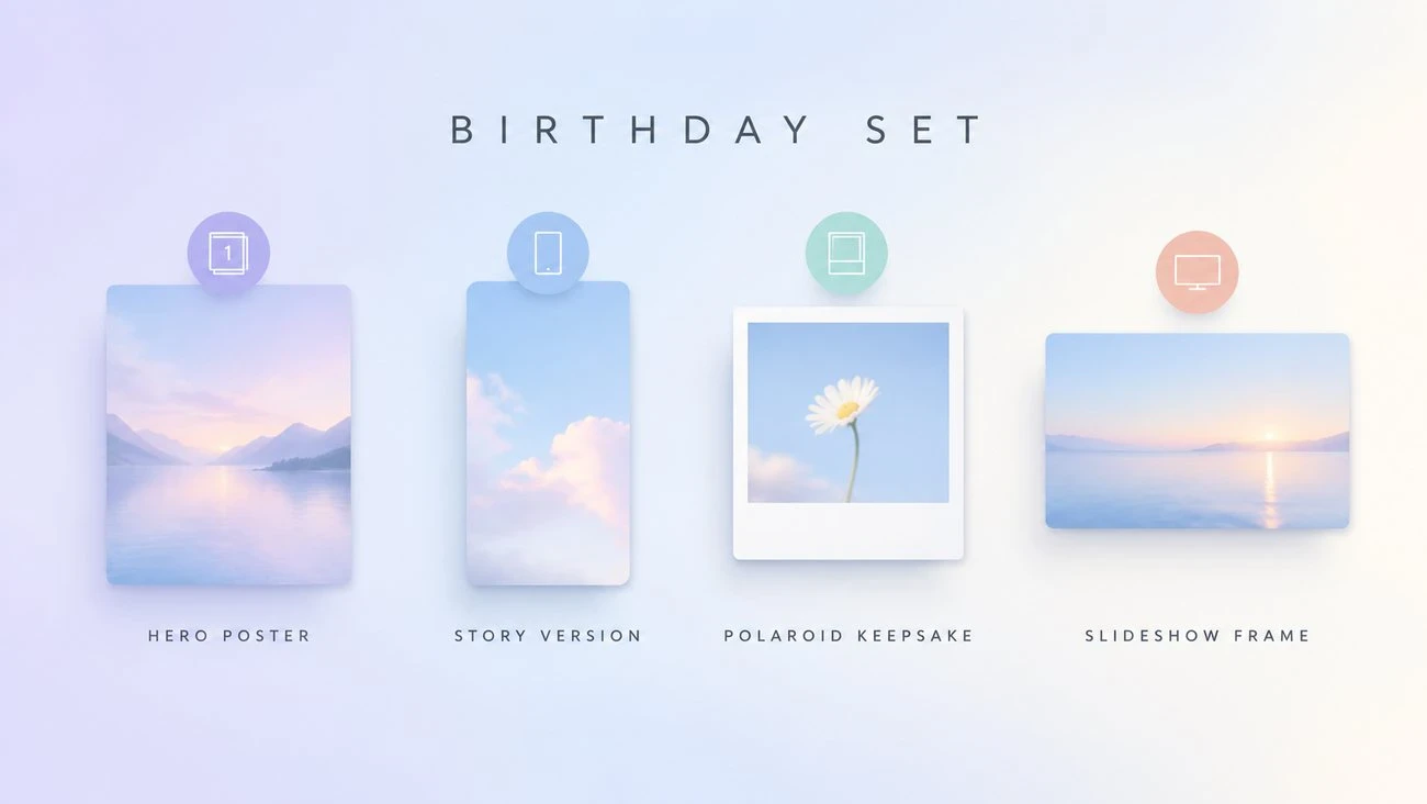 Diagram of a four-asset birthday set: hero poster, story version, Polaroid keepsake, and slideshow frame.