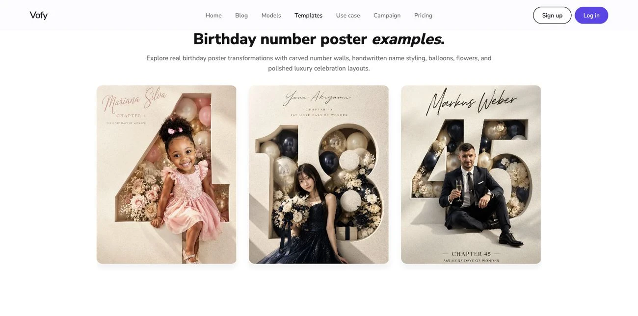 Screenshot of the Vofy Luxury Birthday Number Poster Maker showing real birthday number poster examples.