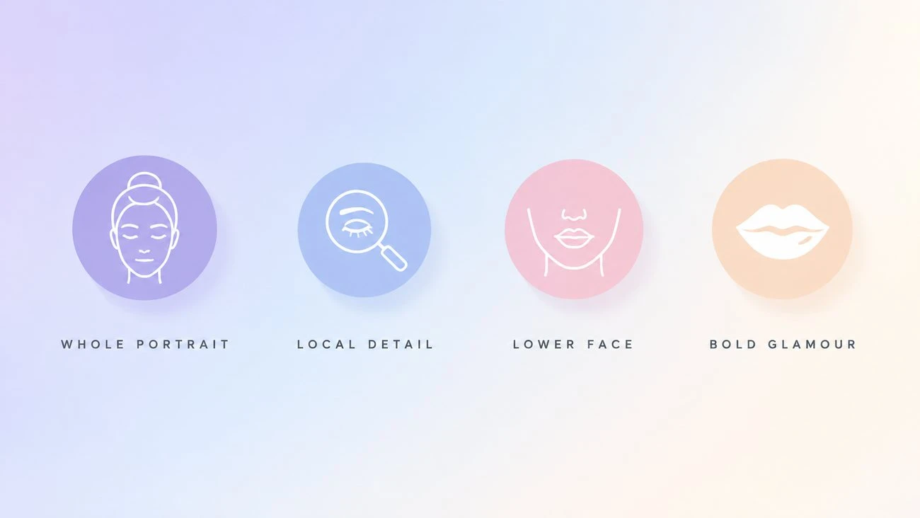 Beauty filter scope options: whole portrait, local detail, lower face, and bold glamour