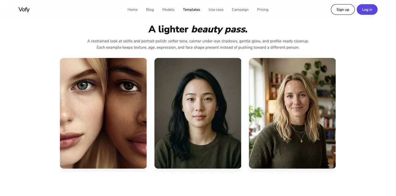 Screenshot of the Vofy AI Beauty Filter gallery showing restrained portrait polish examples