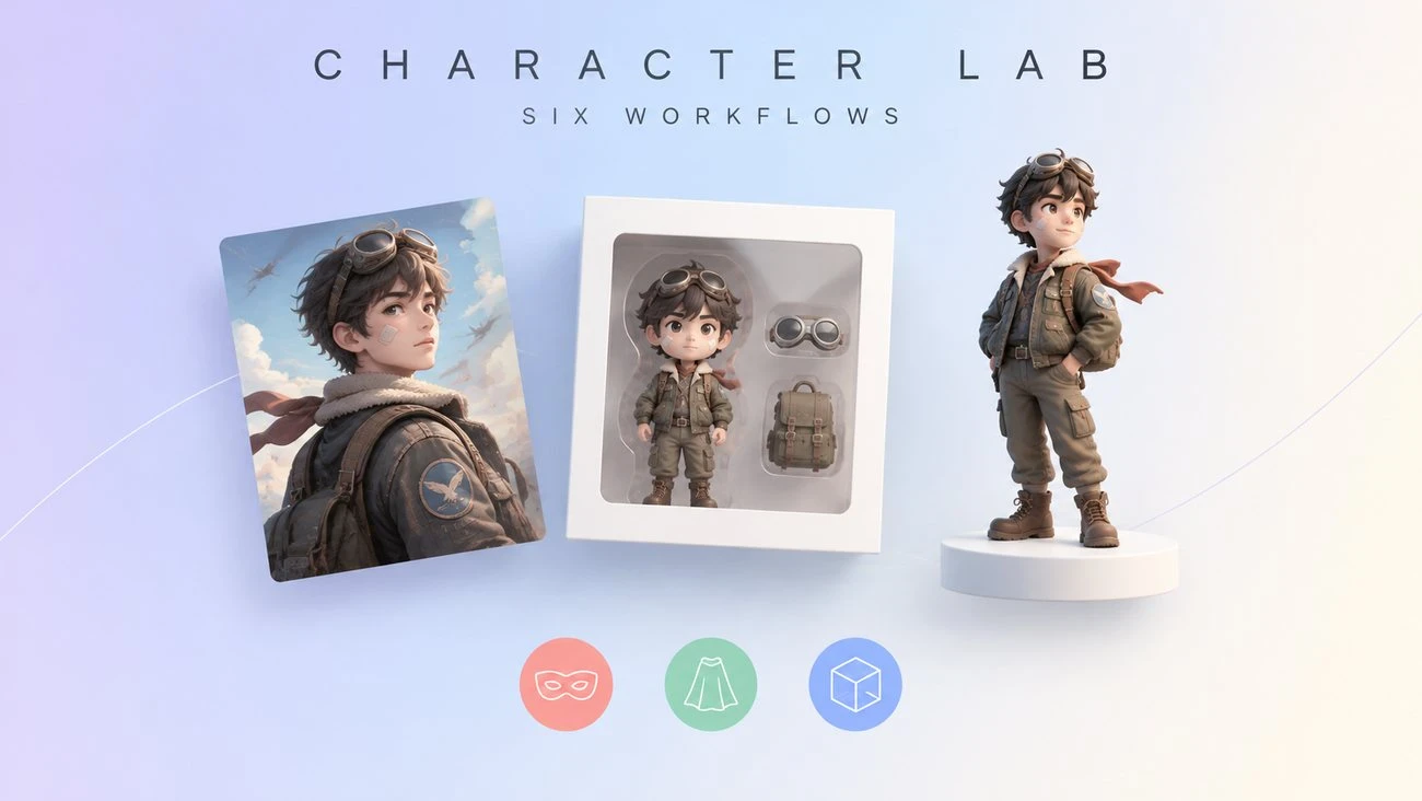 Six AI character workflows covering original OCs, mascots, superheroes, boxed collectibles, and 3D-style renders