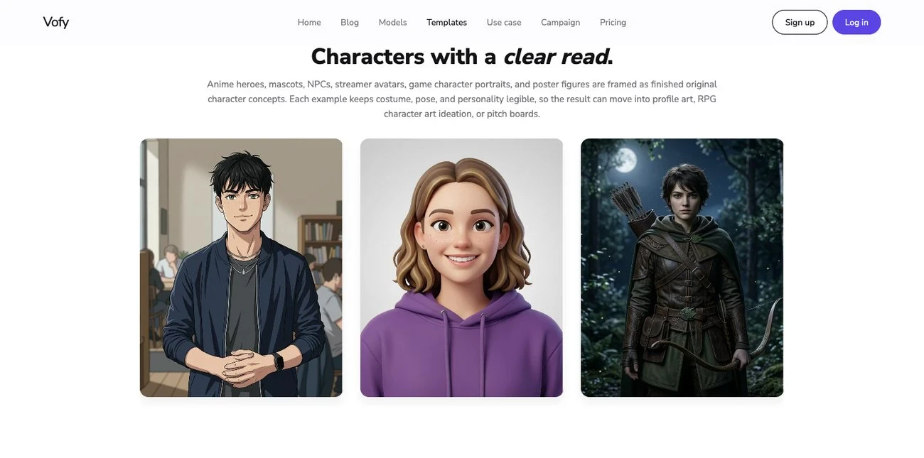 Screenshot of the AI Character Generator showcase on Vofy, showing a gallery of original character directions