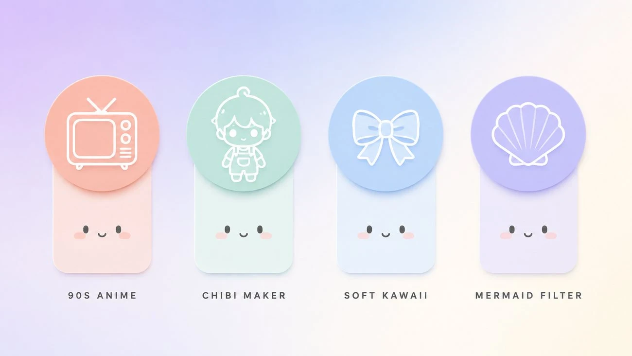 Four cute AI character preset directions: 90s anime, chibi maker, soft kawaii, and mermaid filter